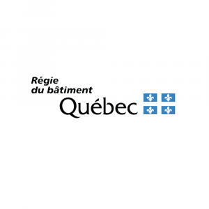 Logo officiel de la Régie du bâtiment du Québec, avec texte noir et symboles bleus de la fleur de lys.