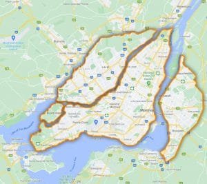 Carte de Montréal et des environs montrant la zone de service de Planchers Renaud – planchers de bois franc à Montréal, Laval, Rive-Nord et Rive-Sud.