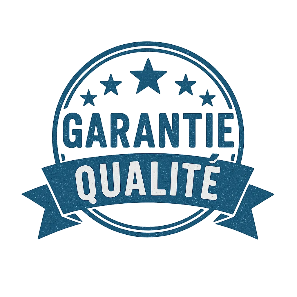 Logo “Garantie Qualité” en bleu, conçu dans un style artisanal rappelant une entreprise de menuiserie ou de plancher, avec des étoiles décoratives et un ruban.